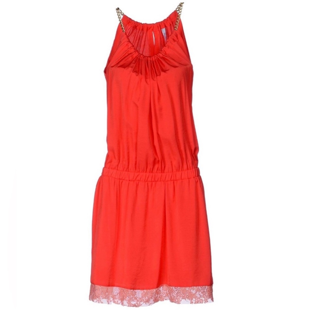 PIANURASTUDIO Silky Halter Coral Mini Chain Strap Dress Lace Trim Size 10 (US)